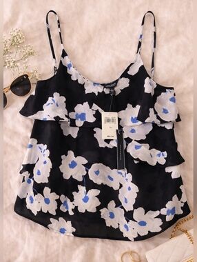 NWT Lucky Brand Ruffle Black Floral  Cami Top Size L